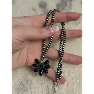 Native American Sterling Silver 4mm Navajo Pearl Onyx Cluster Necklace 16-18”